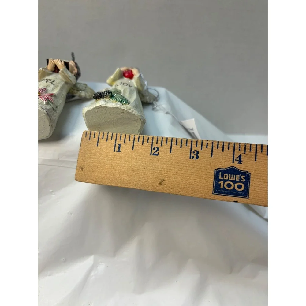 Set of 2 Christmas Angel Flower Ornaments Noel Joy Resin Figures Cream 4 Inch